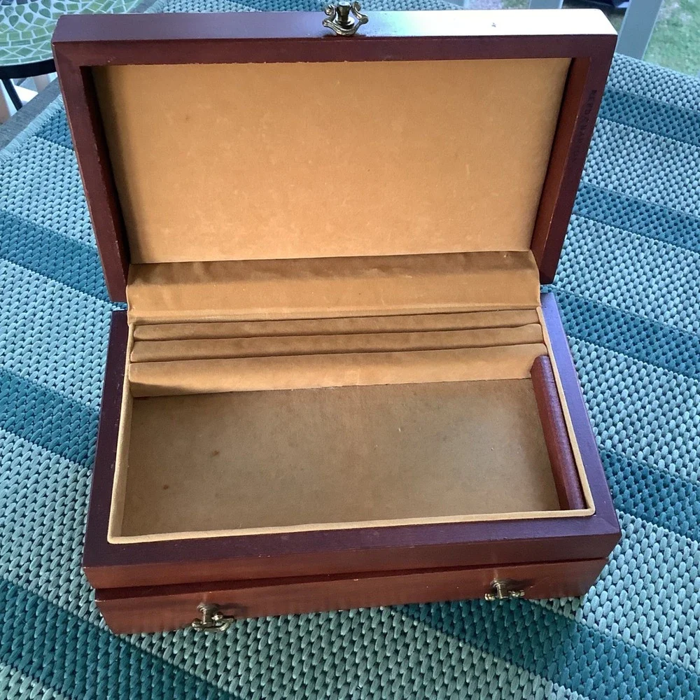Vintage Wooden Jewelry Box Chest Cherry Finish Brass Hardware 2-Tier Organizer